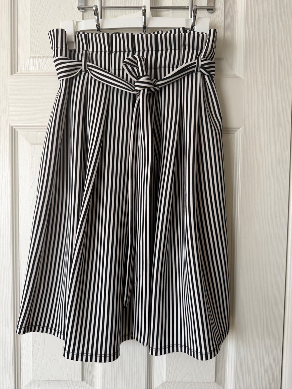 Haute Monde Black and White Striped A-Line Midi Skirt